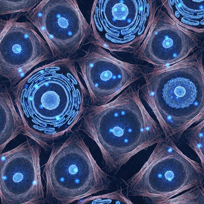 Microscopic view of healthy cells with glowing NAD+ molecules