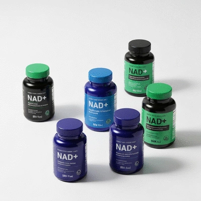 Assortment of NAD+ supplement bottles