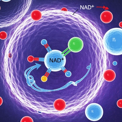 Microscopic view of NAD+ molecule interacting in a cellular environment, illustrating energy transfer, clean image, no text