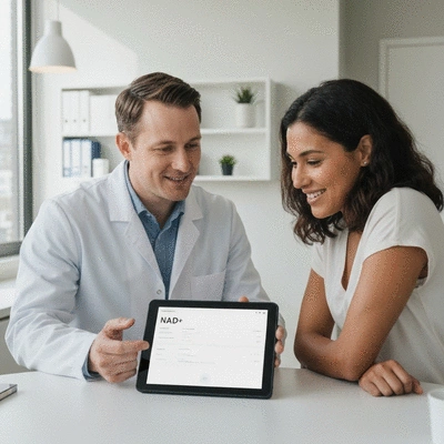 Doctor and patient discussing NAD+ test results on a tablet, clean modern clinic, no text, no words, no typography