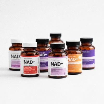 Assortment of NAD+ supplement bottles on a clean white background