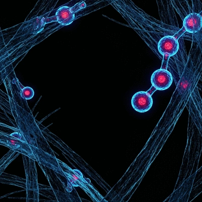 Microscopic view of healthy cells and NAD+ molecules