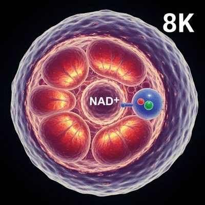 Scientific illustration of NAD+ molecule interacting with mitochondria in a cell, symbolizing energy production and cellular repair, clean image