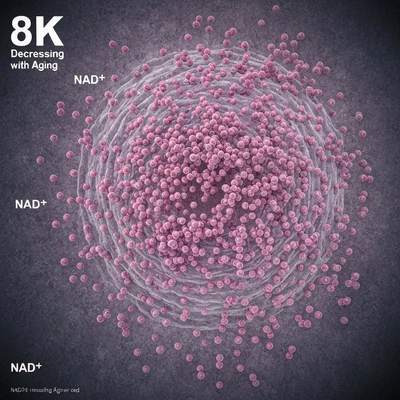 Scientific visualization of NAD+ molecules decreasing with age, clean image, no text