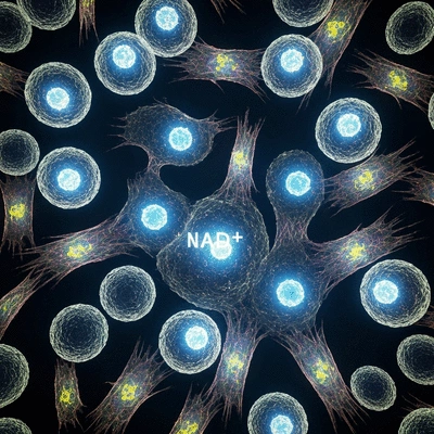 Microscopic view of healthy human cells with glowing NAD+ molecules, clean image