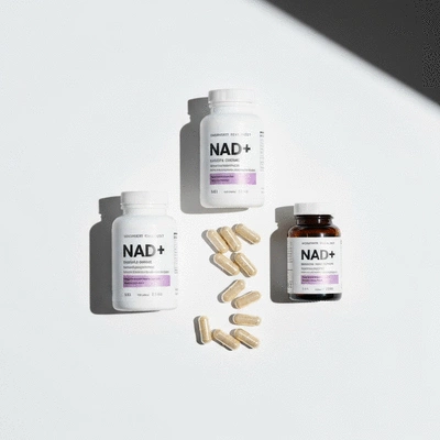 NAD+ supplement bottles and capsules on a clean surface