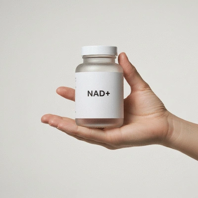 Hand holding a supplement bottle with NAD+ label