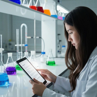 Person reading scientific journal on a tablet, surrounded by laboratory equipment, no text, no words, no typography, clean image