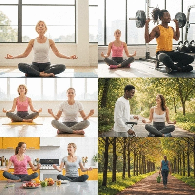 A diverse group of people engaging in various health-promoting activities like exercise and healthy eating, symbolizing overall wellness and longevity