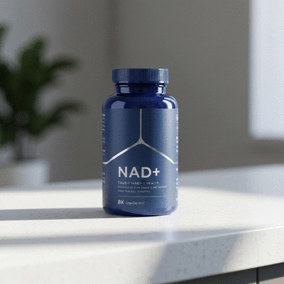 NAD+ supplement bottle with brain health ingredients on a clean counter