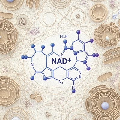 Stylized diagram of NAD+ molecule with cellular background