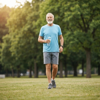 Senior adult engaging in healthy lifestyle activities such as light exercise and a balanced diet, symbolizing healthy aging supported by NAD+, no text, no words, no typography, clean image