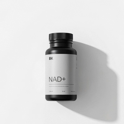 Modern NAD+ supplement bottle on a clean background