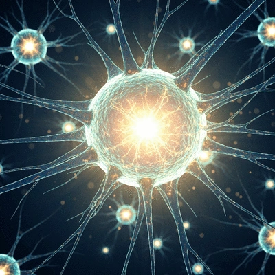 Healthy brain cells with high NAD+ levels, depicted with bright energy flow