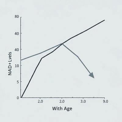 Scientific visual representing NAD+ levels declining with age, showing a downward trend on a graph with age on the x-axis and NAD+ levels on the y-axis, no text, no words, no typography, clean image