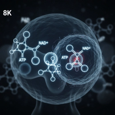 Conceptual image showing NAD+ influencing cellular health and longevity