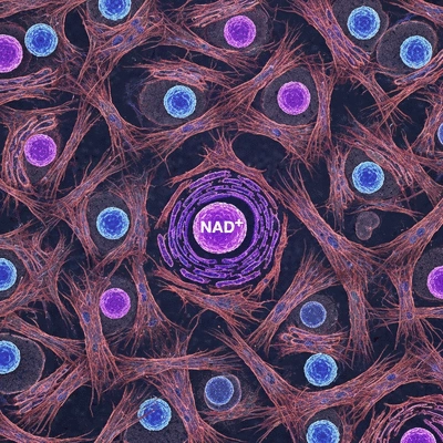 Microscopic view of healthy human cells with NAD+ molecules highlighted