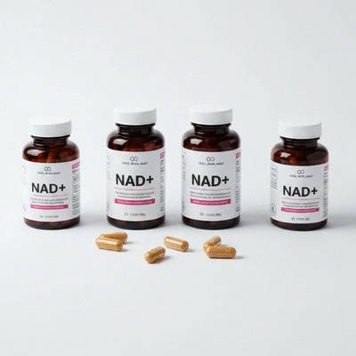 NAD+ supplement bottles and capsules on a clean white background, representing supplementation for healthspan