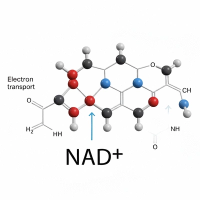 Scientific diagram of NAD+ molecule with cellular processes