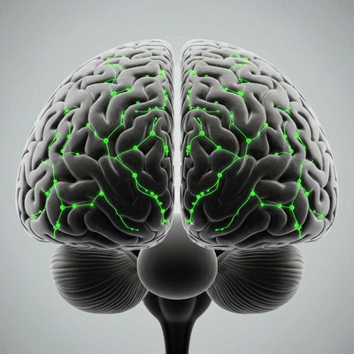 Brain with glowing NAD+ molecules, representing enhanced cognitive function and mental well-being