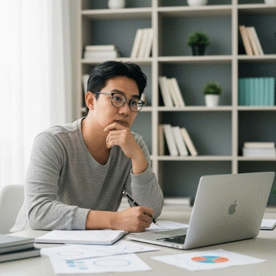 Lifestyle image of a person studying with a thoughtful expression, surrounded by scientific notes, signifying enhanced cognitive function