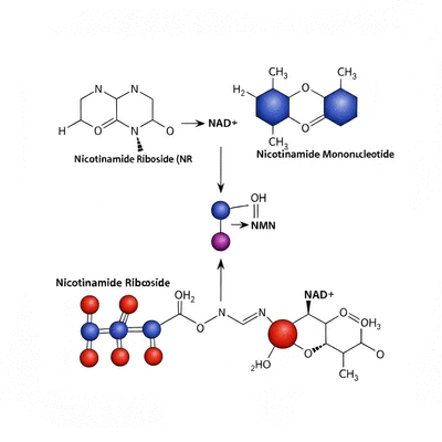 Scientific illustration showing molecular structures of Nicotinamide Riboside (NR) and Nicotinamide Mononucleotide (NMN) with NAD+ pathway
