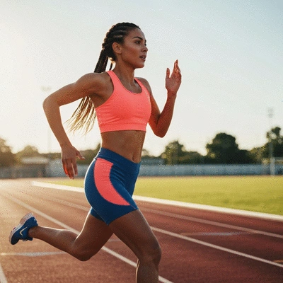Person running on a track, showing energy and endurance