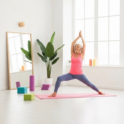 Person engaging in healthy lifestyle activities (e.g., light exercise, healthy eating) to represent healthy aging, bright and clean environment, no text, no words, no typography, clean image