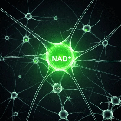 Microscopic view of neurons with glowing NAD+ molecules, symbolizing energy and repair