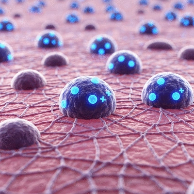 Microscopic view of healthy skin cells with glowing NAD+ molecules