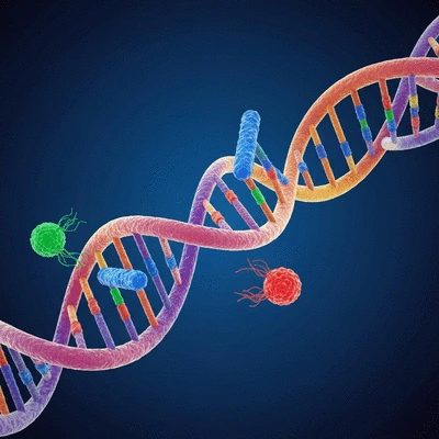 Microscopic view of DNA strands being repaired by cellular mechanisms